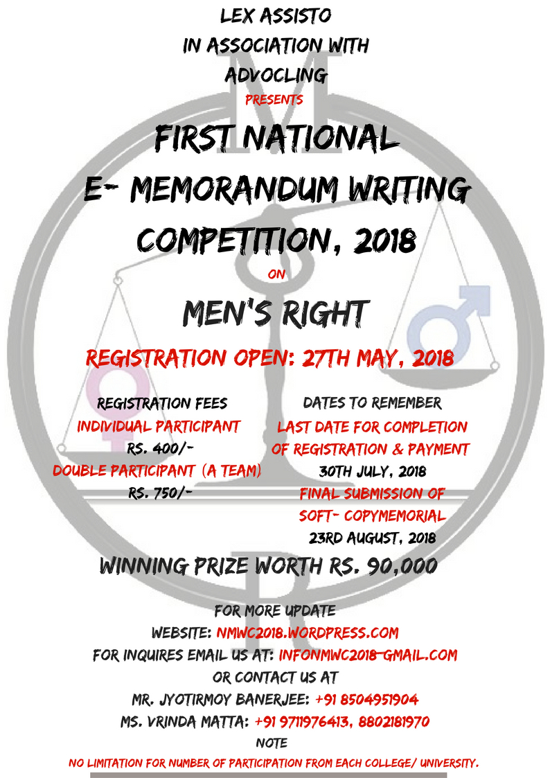 Lex Assisto in association with Advocling @ 1st National E-Memorandum Writing Competition, 2018, (23rd August, 2018): Register by 30th July, 2018