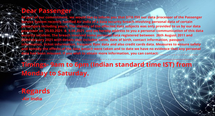 Personal data of 45 lakh Air India customers worldwide have been Hacked !