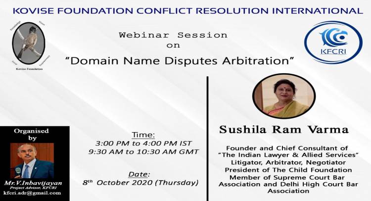 Kovise Foundation Conflict Resolution International Webinar on Domain Name Disputes Arbitration on Wednesday, 08-10-2020